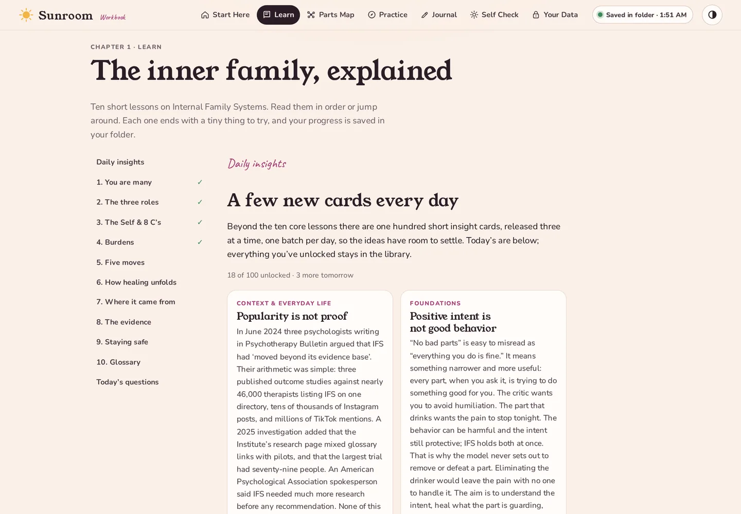 The Learn chapter showing Daily insights: 18 of 100 unlocked, with today’s cards on popularity versus proof and positive intent versus good behavior
