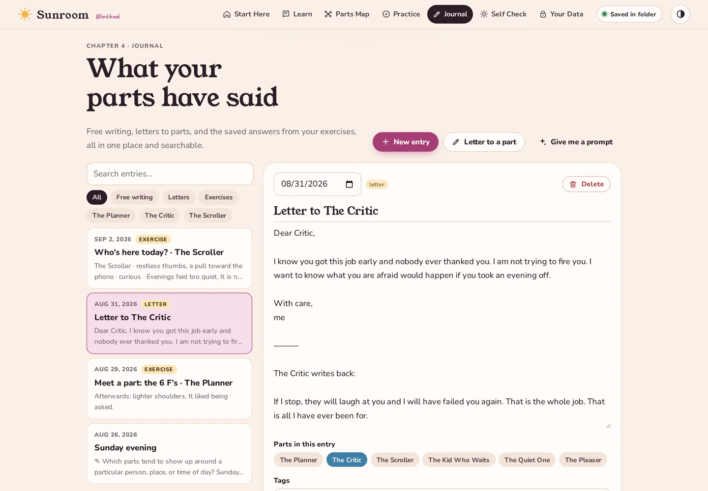The Journal chapter with a letter to The Critic open, and a list of entries filtered by part